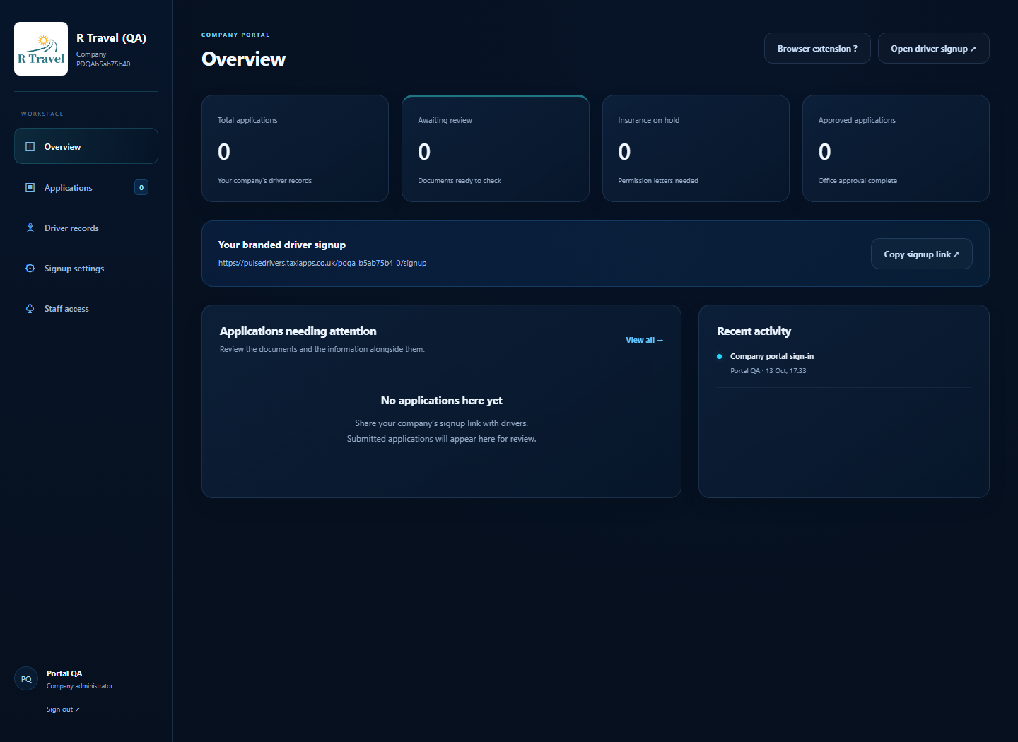 Company overview: use the left navigation to open applications, driver records, settings and staff access.