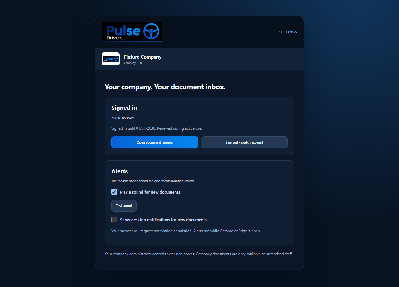 Extension settings: check your sign-in, open document reviews and configure sound and desktop notifications.