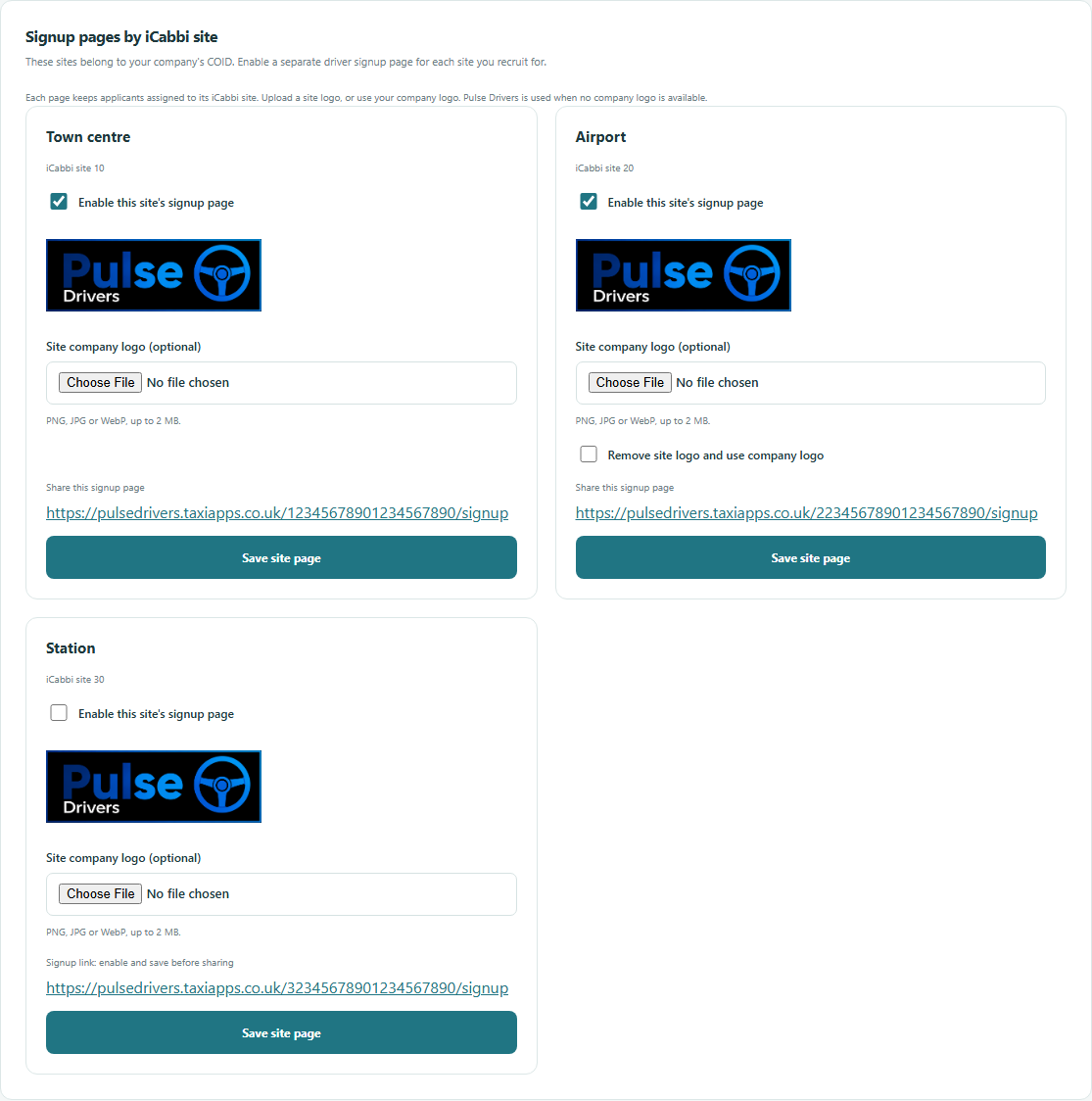Settings showing separate signup links, enable switches and logo uploads for three demonstration iCabbi sites.